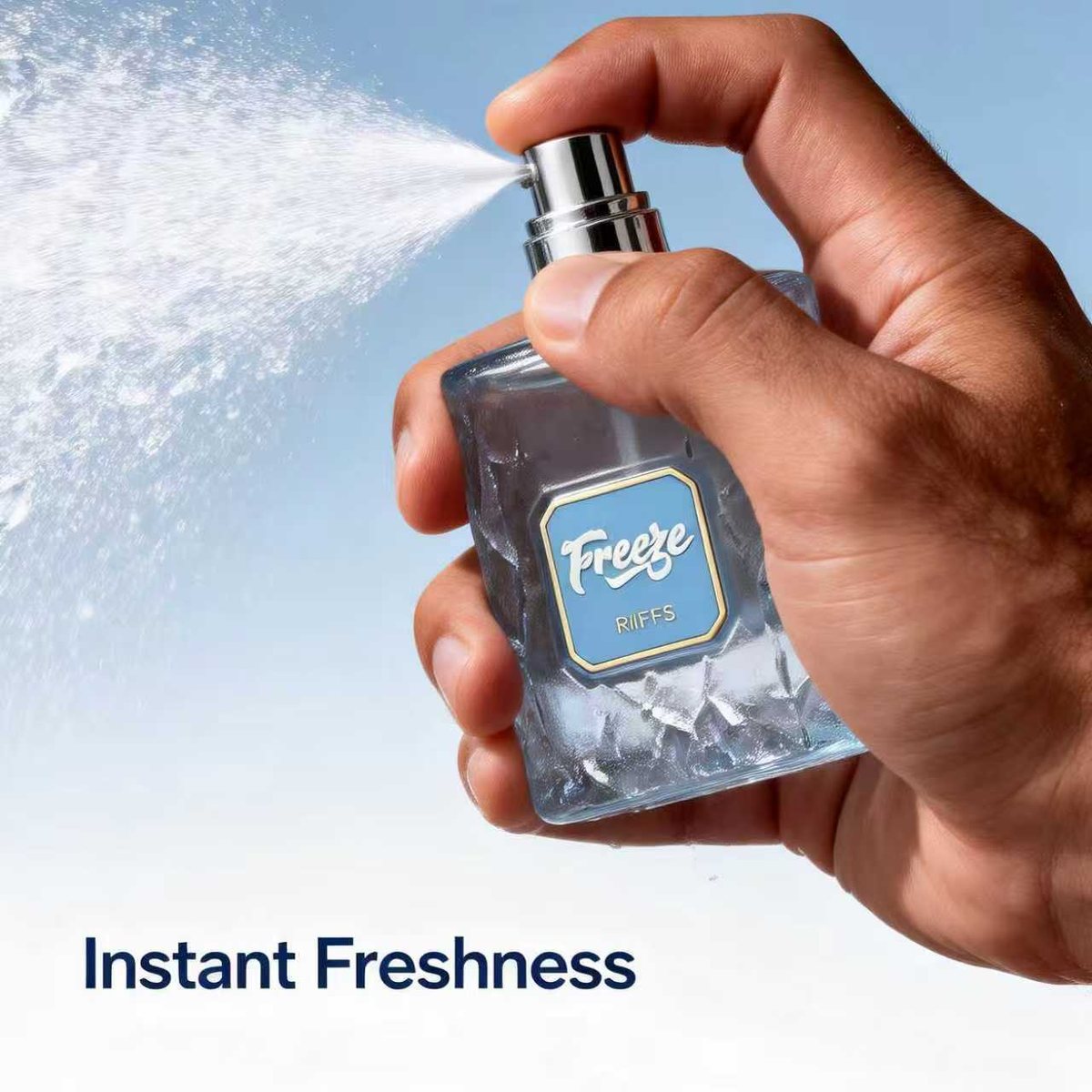 Hand spraying Riiffs Freeze perfume, instant freshness mist before a workout