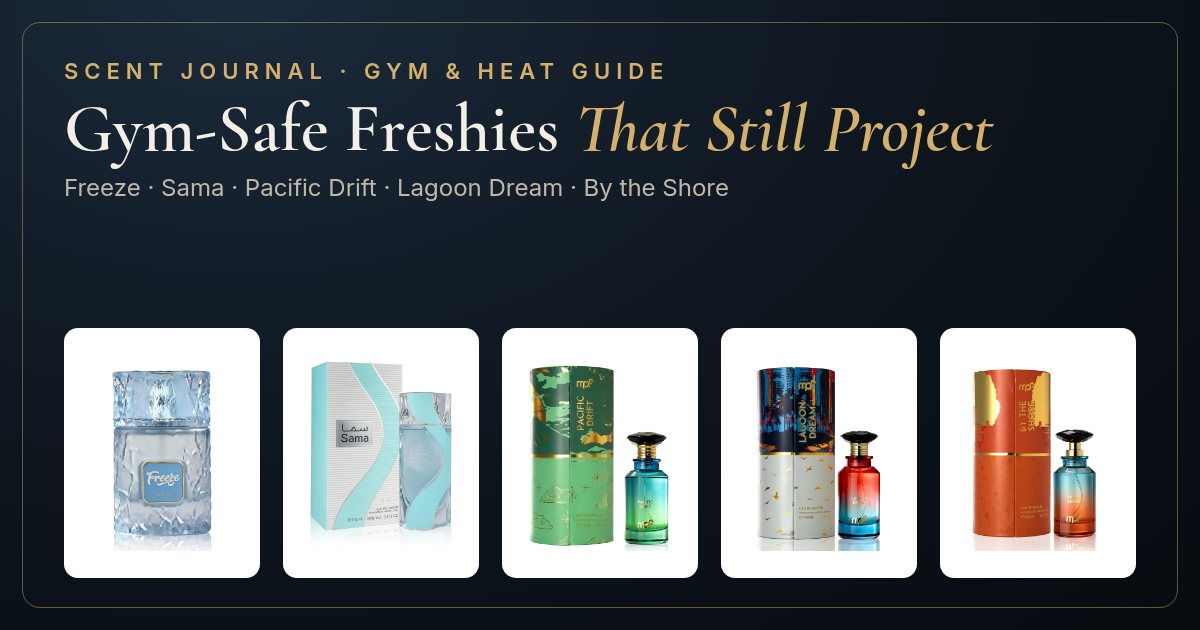 Gym-safe fresh fragrances at Auroud: Riiffs Freeze, Nusuk Sama, Pacific Drift, Lagoon Dream and By the Shore bottles