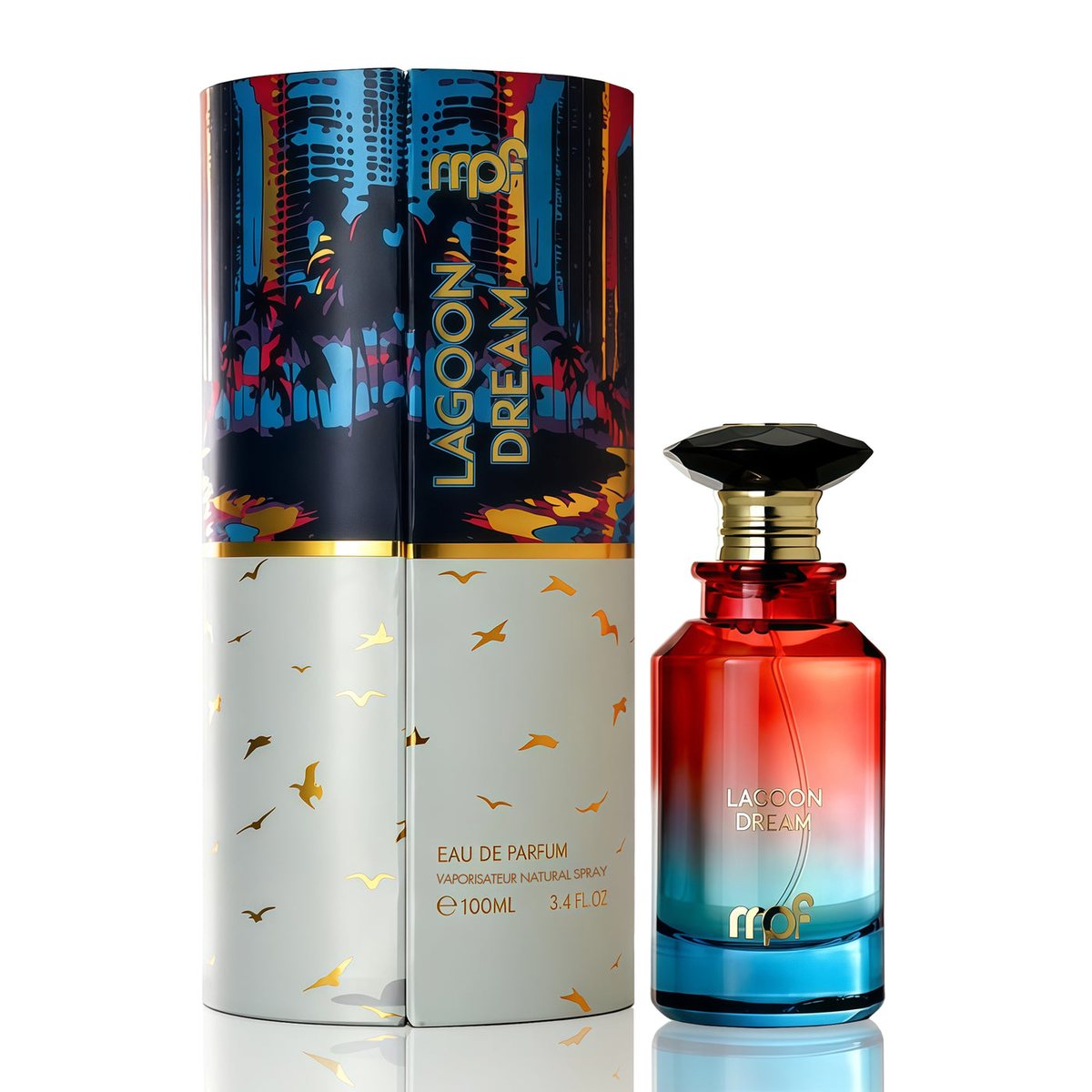 Lagoon Dream Unisex Eau de Parfum 100 mL red-to-blue gradient bottle with printed box, zesty citrus fragrance
