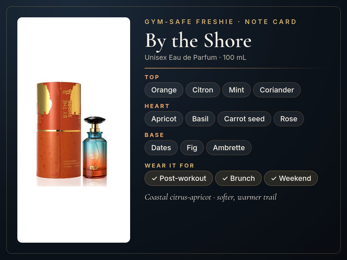 By the Shore note card: orange, citron, mint, coriander top; apricot, basil, carrot seed, rose heart; dates, fig, ambrette base