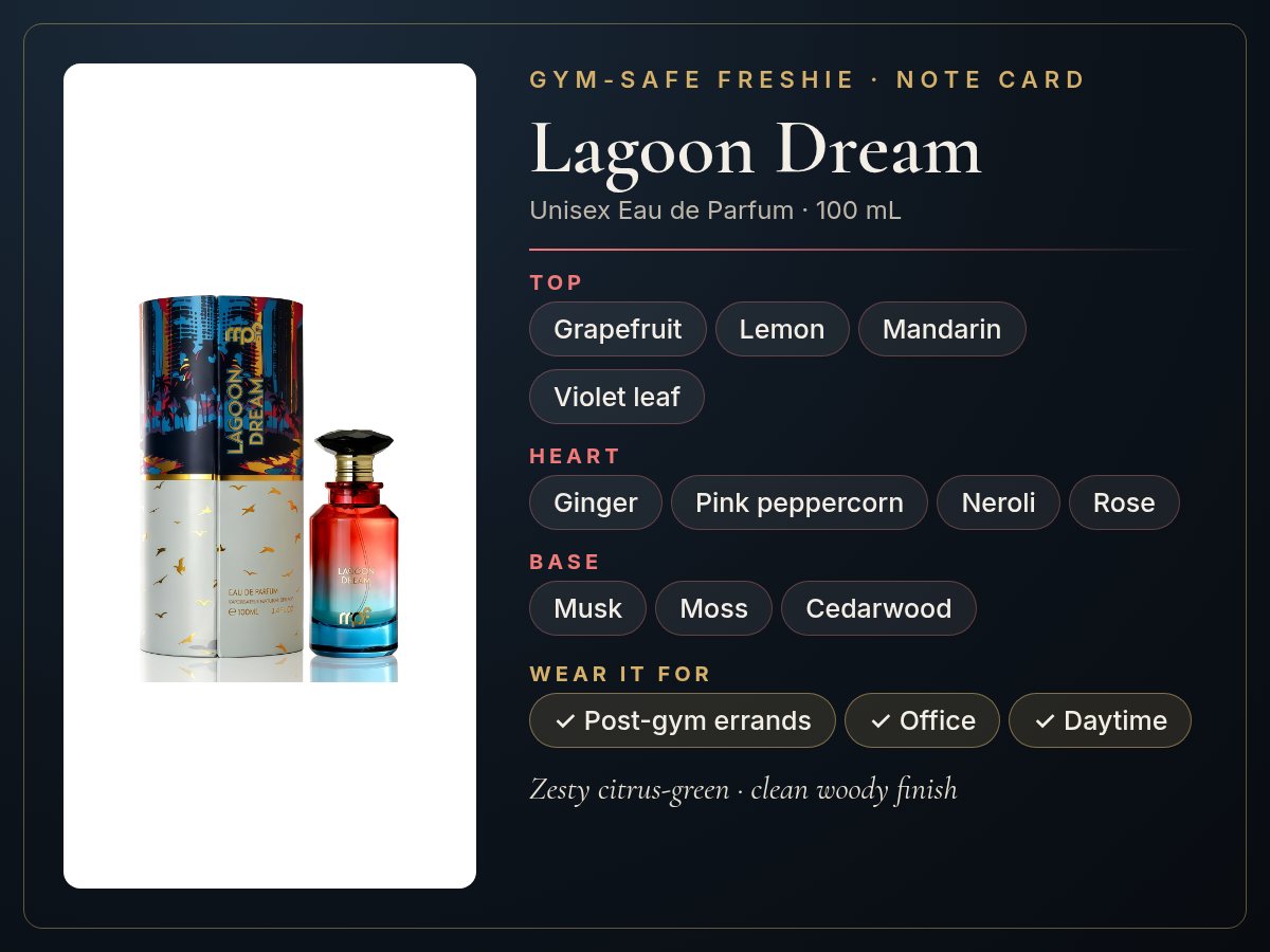 Lagoon Dream note card: grapefruit, lemon, mandarin, violet leaf top; ginger, pink peppercorn, neroli, rose heart; musk, moss, cedarwood base
