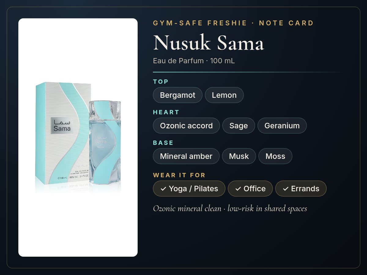 Nusuk Sama note card: bergamot, lemon top; ozonic accord, sage, geranium heart; mineral amber, musk, moss base