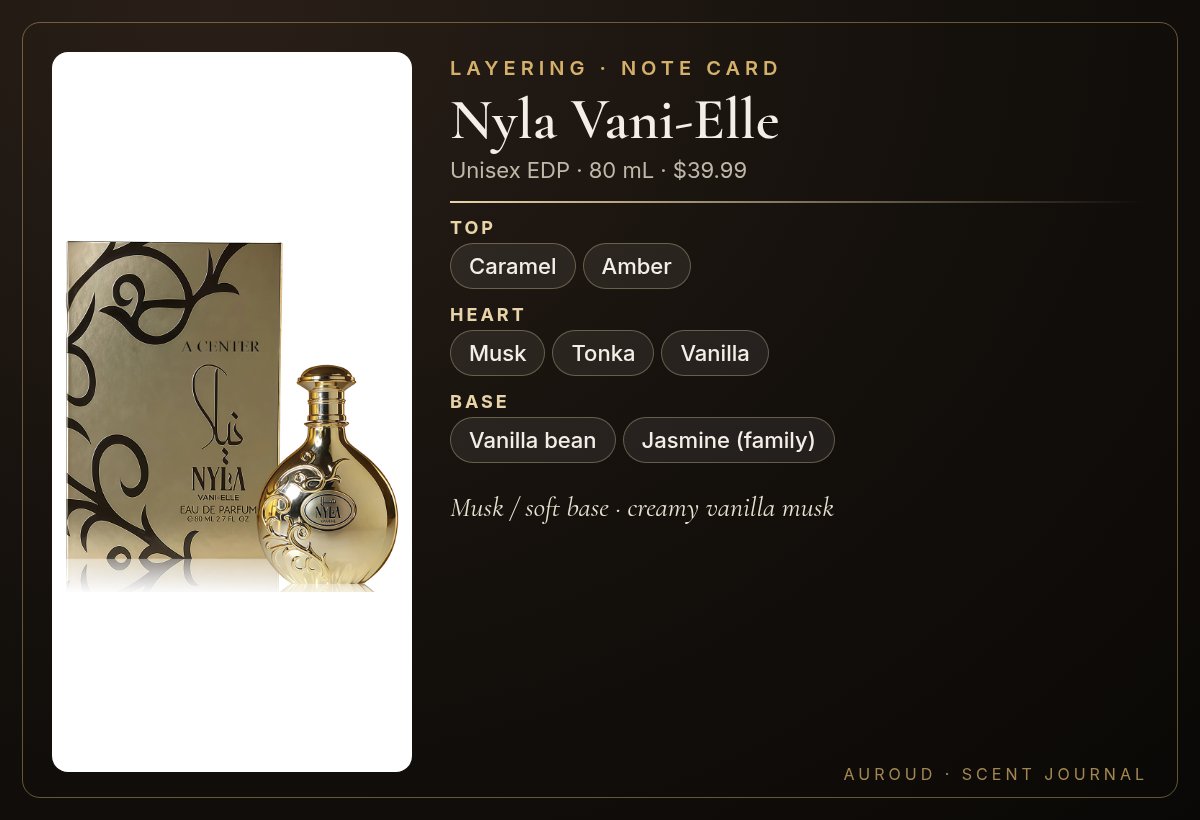 Nyla Vani-Elle note card: caramel amber musk tonka vanilla for soft layering base