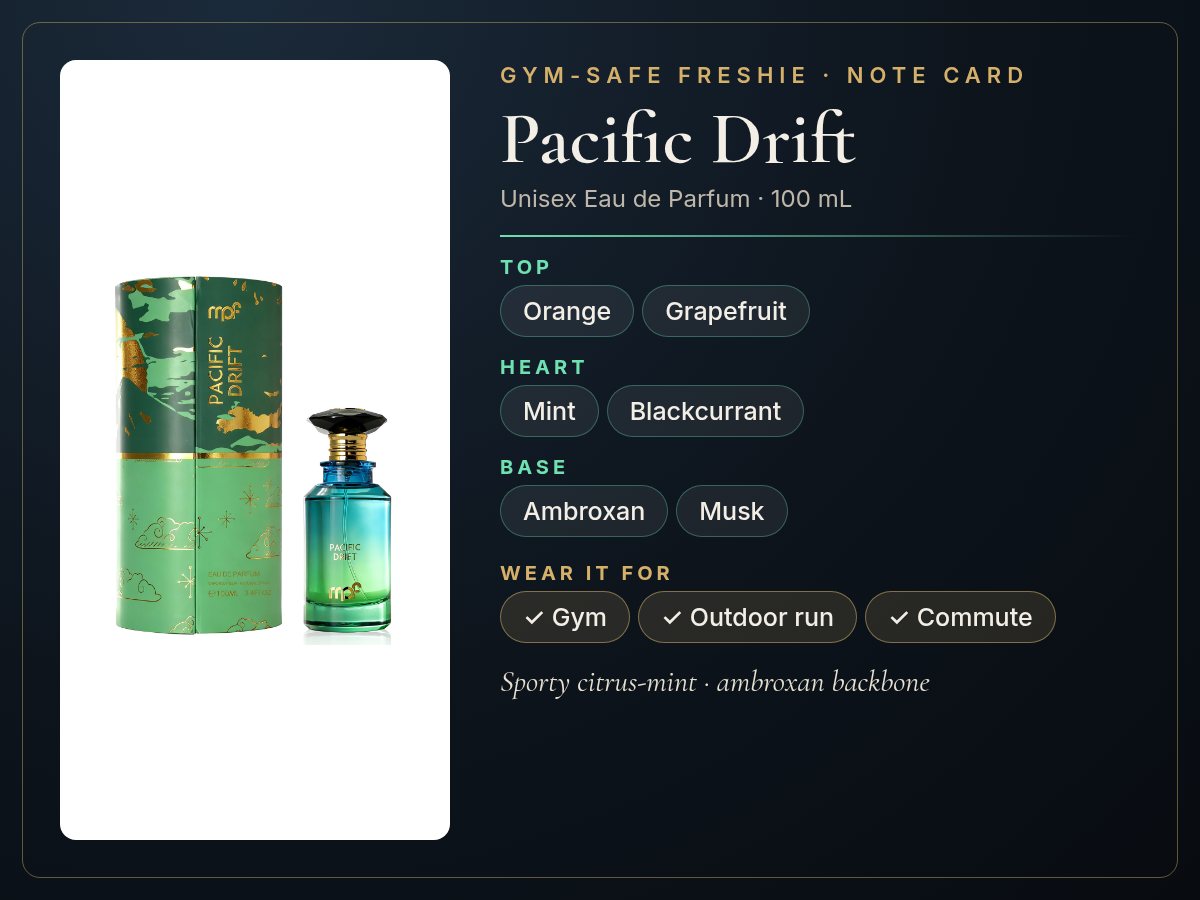 Pacific Drift note card: orange, grapefruit top; mint, blackcurrant heart; ambroxan and musk base for gym and outdoor runs