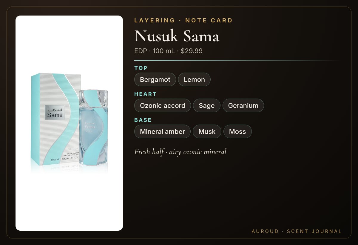 Nusuk Sama note card for layering: bergamot lemon ozonic sage mineral amber musk