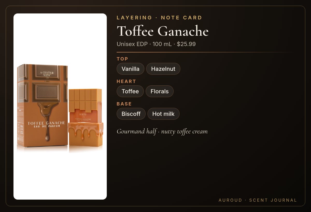 Toffee Ganache note card: vanilla hazelnut toffee biscoff hot milk