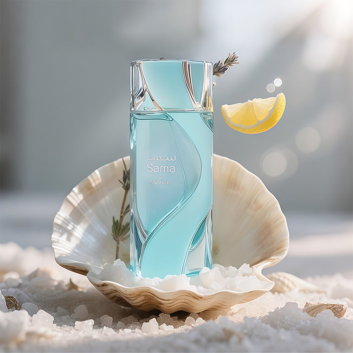 Nusuk Sama perfume in a seashell on sea salt with lemon slice, airy ozonic fresh scent