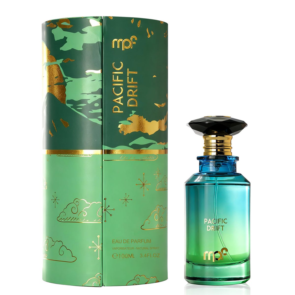 Pacific Drift Unisex Ocean Eau de Parfum 100 mL blue-green bottle with green box, sporty fresh gym scent
