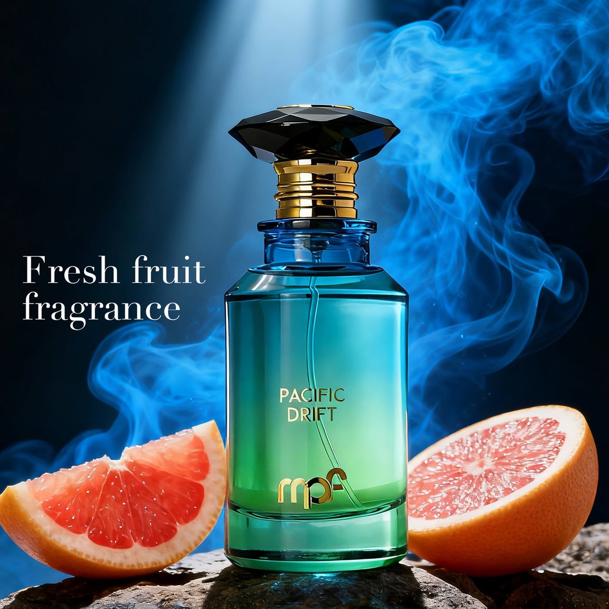 Pacific Drift perfume bottle with pink grapefruit halves and blue smoke, citrus-mint fresh fragrance