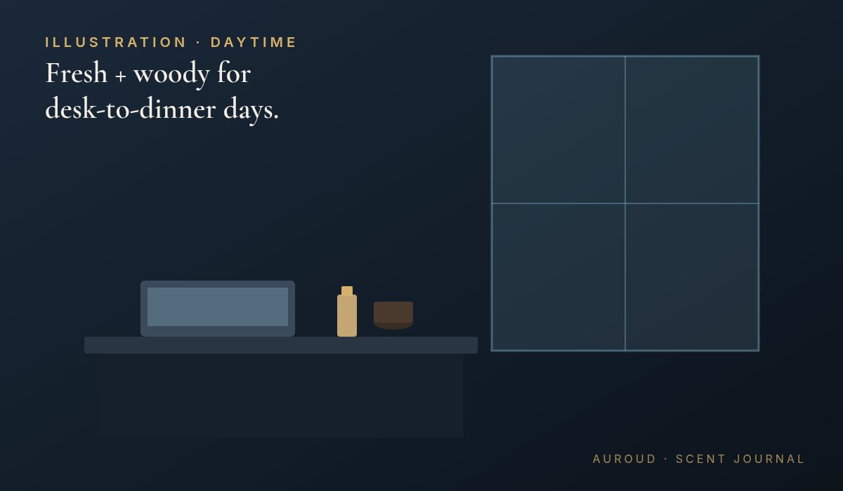 Illustration of a daylight desk scene for fresh woody perfume layering