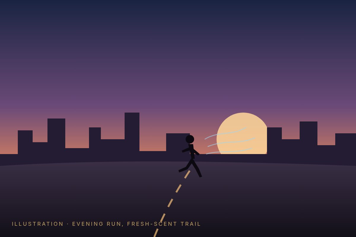 Illustration of a runner silhouette at dusk on a city path with a cool fresh-scent trail