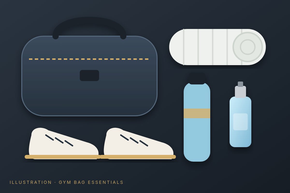 Illustration of a gym bag flat lay with rolled towel, water bottle, sneakers and a travel atomizer of fresh fragrance