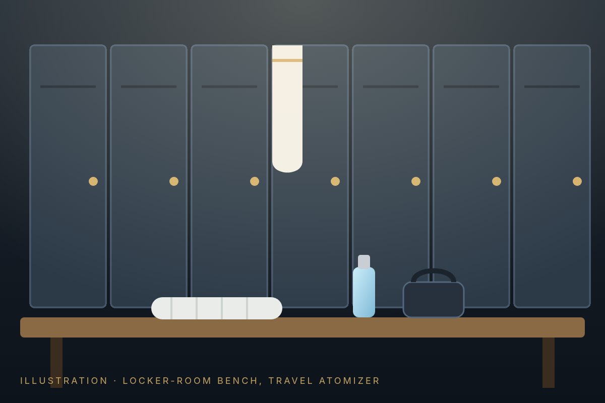 Illustration of a locker-room bench with a rolled towel, gym bag and small travel perfume atomizer