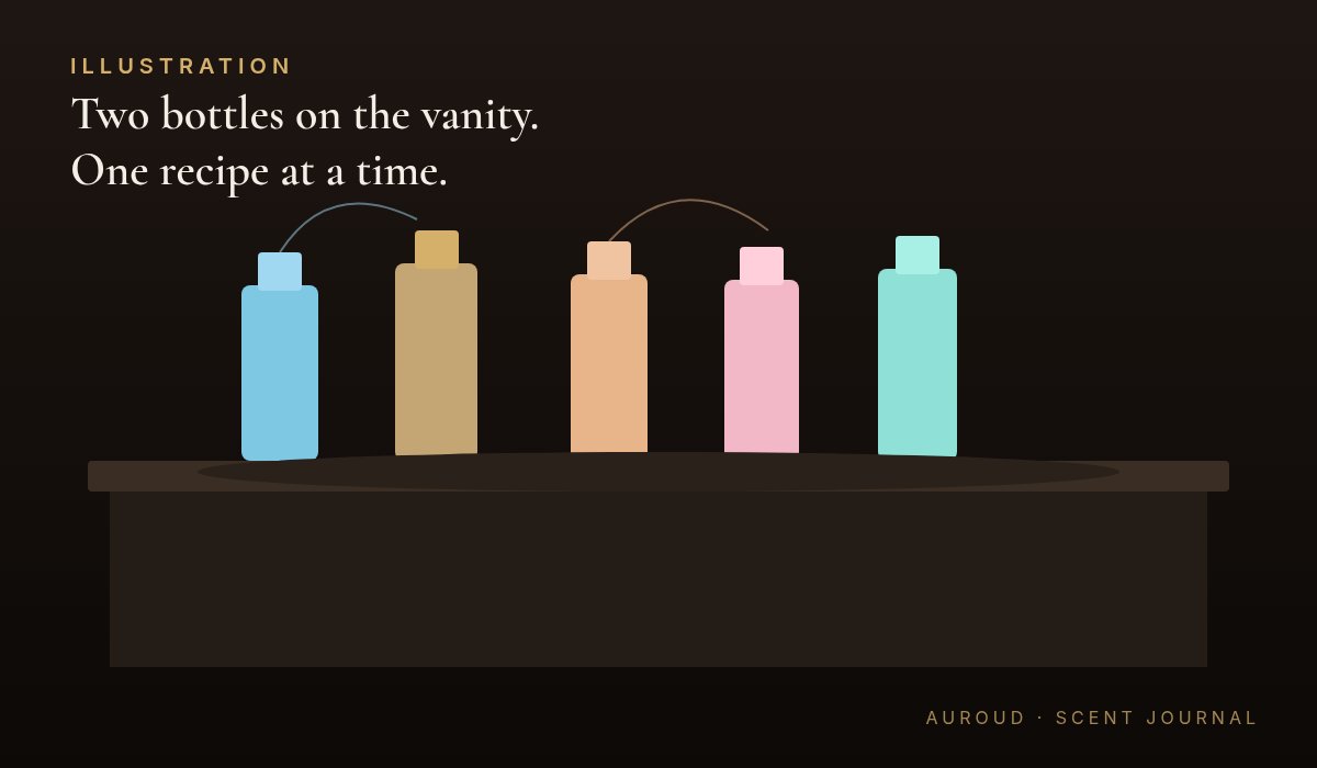 Illustration of perfume bottles on a vanity ready for layering two recipes